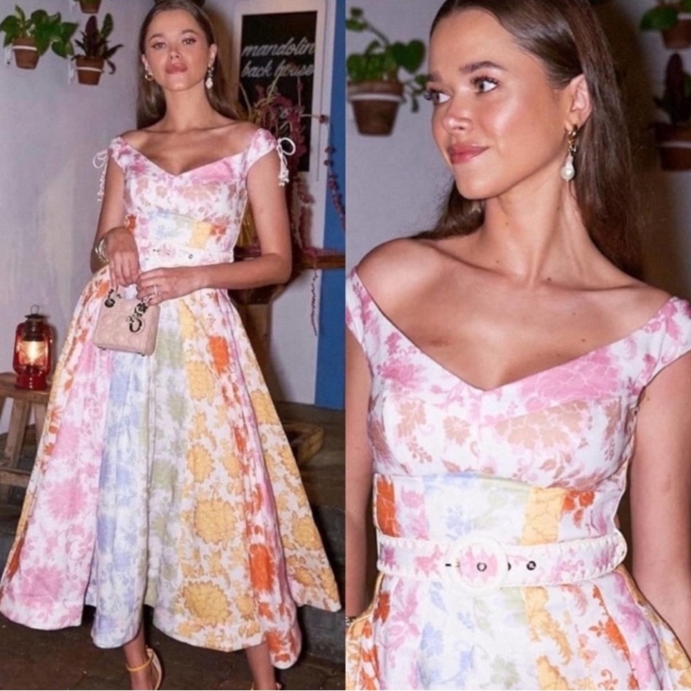 Zimmermann Postcard Spliced Midi Dress Rainbow Floral Linen Patchwork
4 / US 12